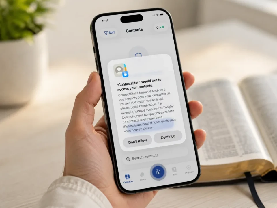 Écran des contacts de ConnectStar, avec la demande d'autorisation du système.