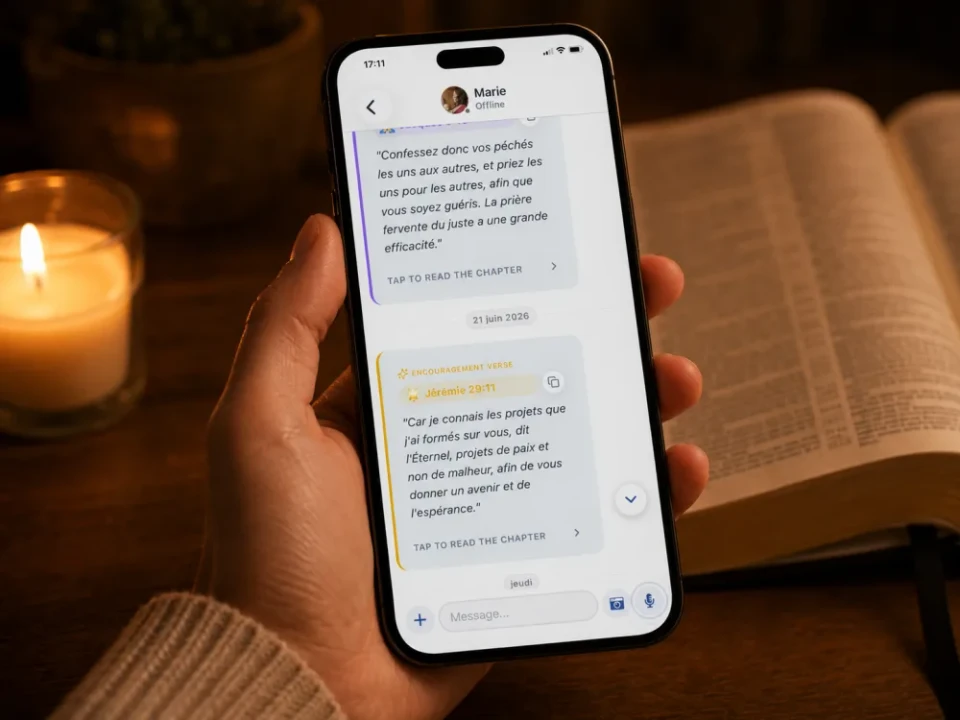 Une conversation dans ConnectStar où des passages bibliques sont partagés.
