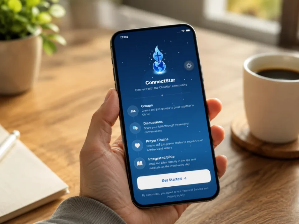 Écran d'accueil de ConnectStar : groupes, discussions, chaînes de prière et Bible intégrée.